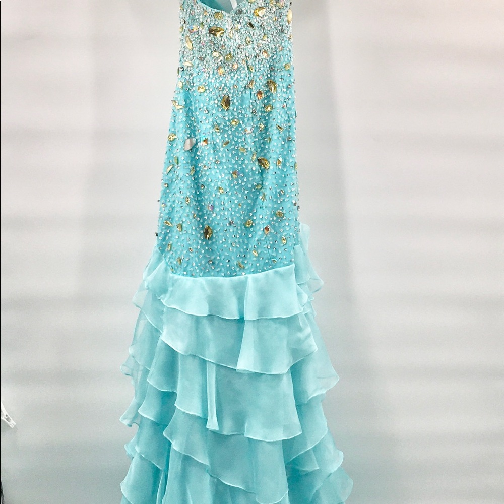 $1695 Terani Couture Aqua Ruffle Prom Gem … - Picture 13 of 14